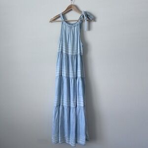 Bella Dahl Small Tiered Halter Midi Dress Amalfi Stripe Light Blue Summer
